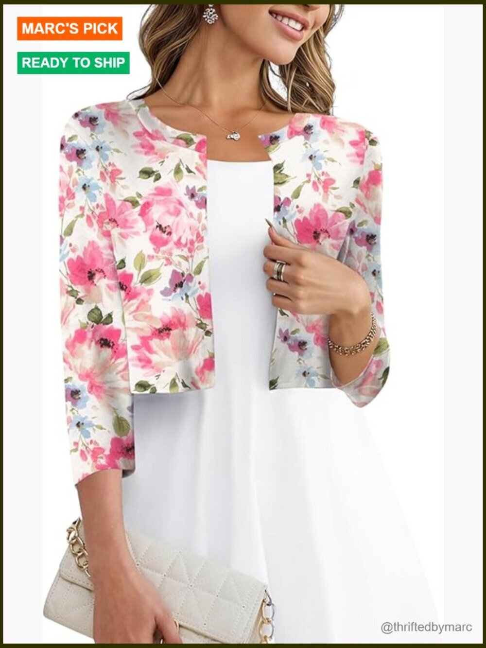 Cropped Cardigan 3/4 Sleeve Open Front Knit Shrug Lightweight